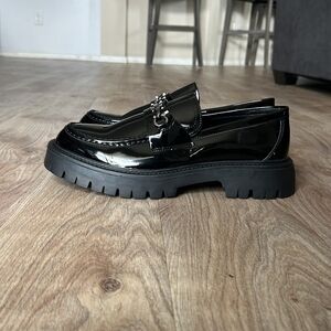 Black Patent Leather Loafers with Chain Detail